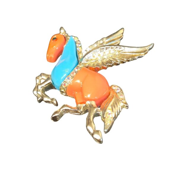 Hattie Carnegie Pegasus Brooch horse coral teal rhinestone accents unsigned VTG - Picture 4 of 9